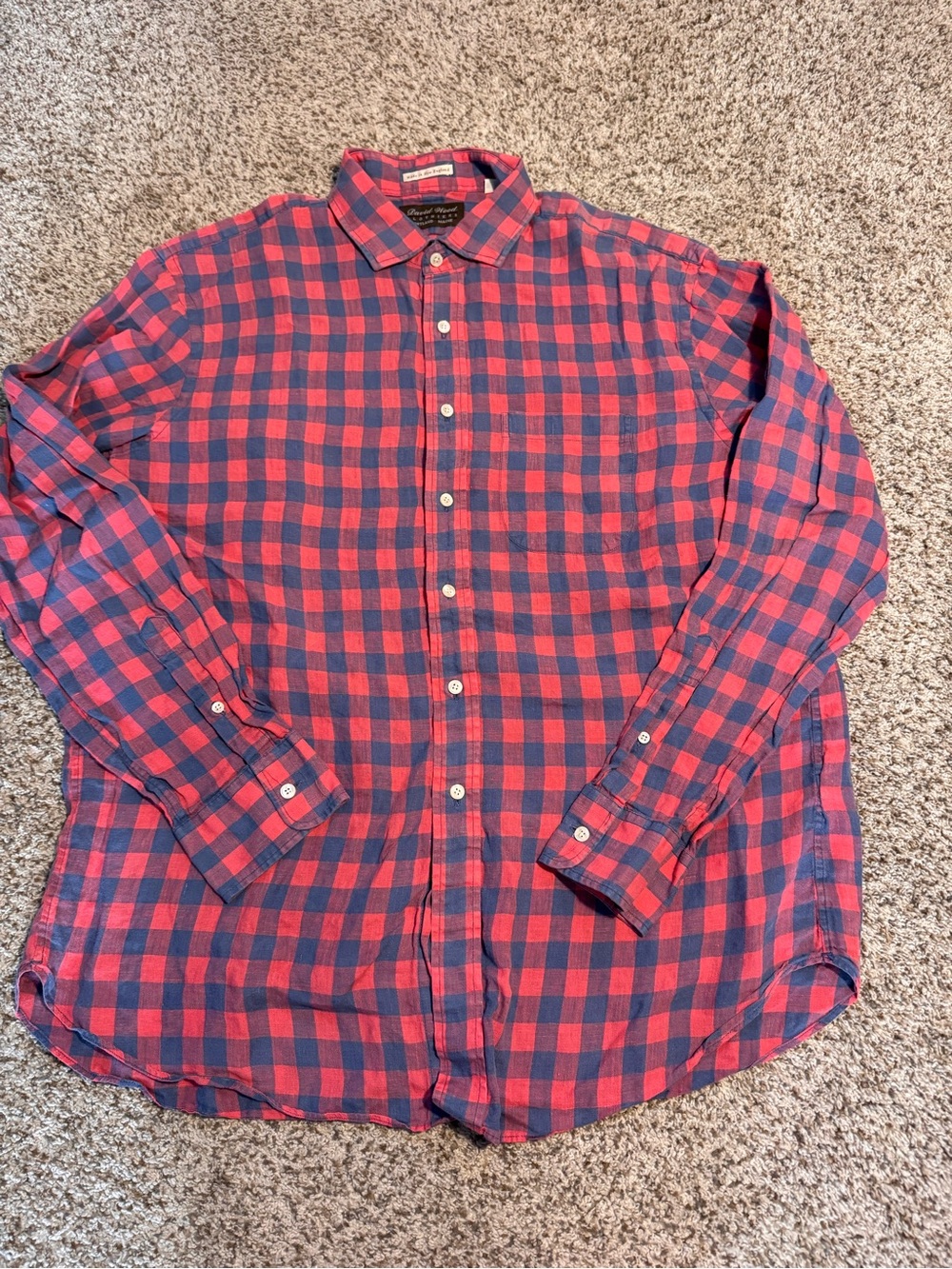 David Wood Clothiers Red and Navy Plaid Linen Casual Button-Down Shirt - XL